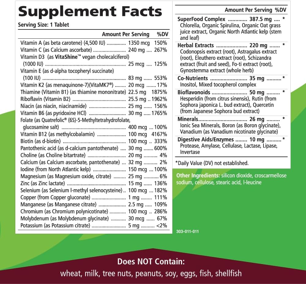 One n Only Whole Food Multivitamin by Pure Essence, Once-Daily with Superfoods, Minerals, Digestive Enzymes, Vitamin D3, B12, Biotin - 90 Tablets
