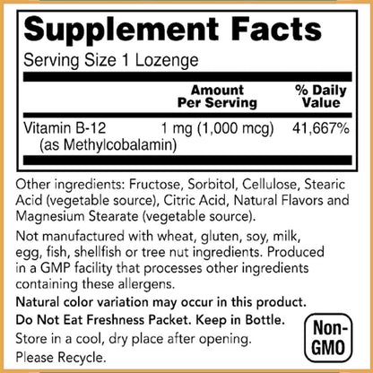 Baar Brain B12 Lozenges, 1000 mcg, 100 Count