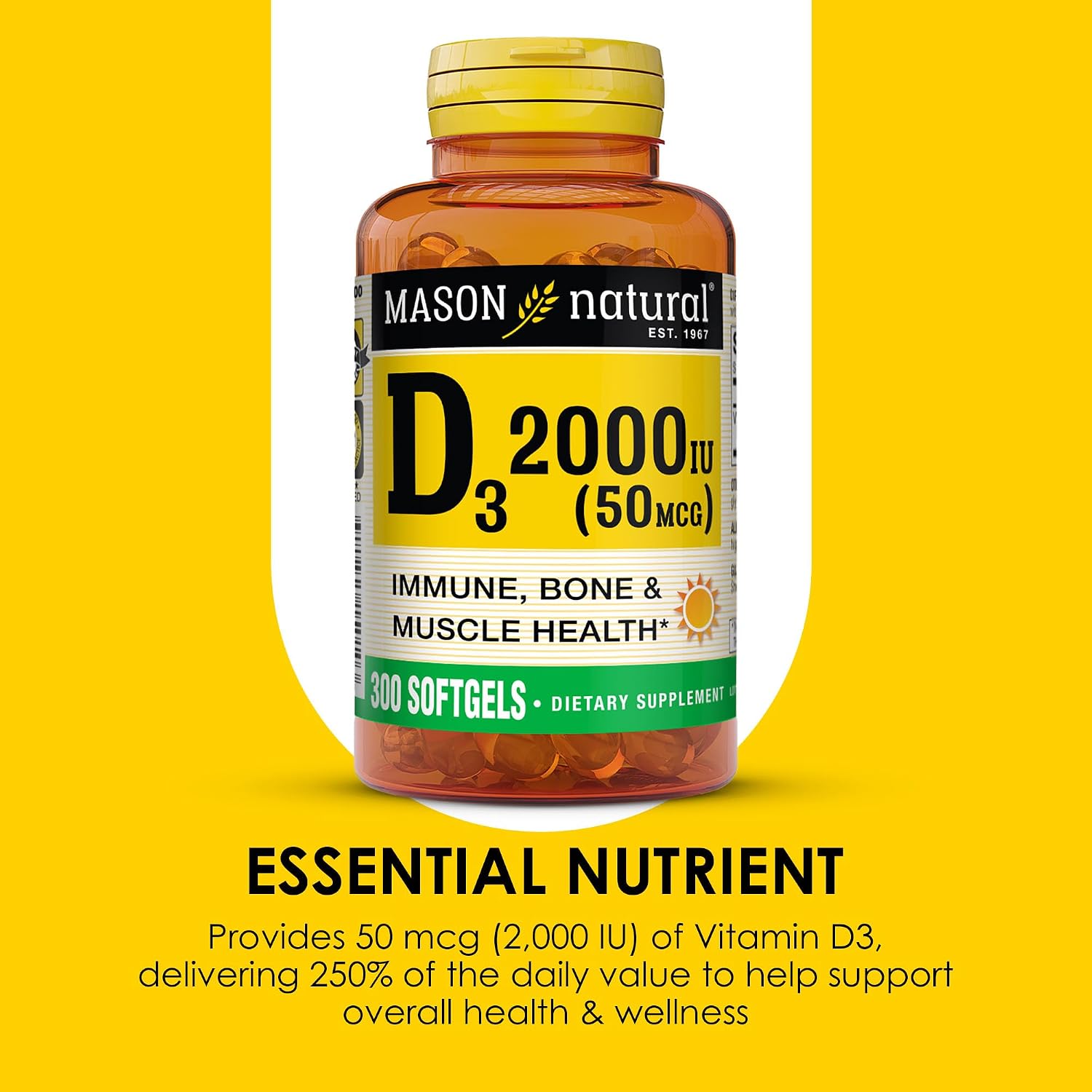 MASON NATURAL Vitamin D3 2,000 IU High Potency, Supports Bone Density & Immune Health, 300 Softgels