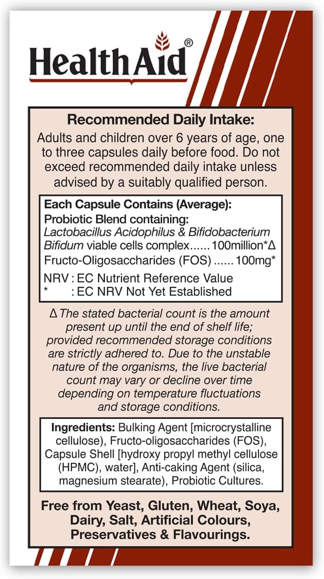 Health Aid Acidophilus Probiotic 100 Million Active Cultures, 60 Vegicaps