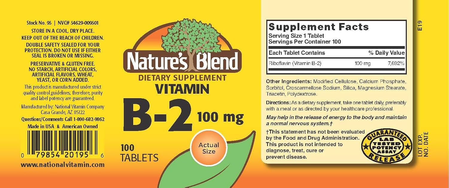 Nature's Blend Vitamin B2 (Riboflavin) 100 mg, 100 Tablets