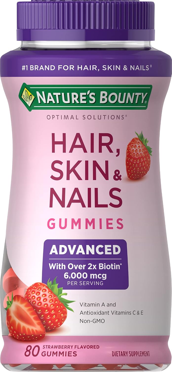 Nature's Bounty Optimal Solutions Advanced Hair, Skin and Nails, 2X Biotin, 80 Strawberry Gummies, 40 Servings