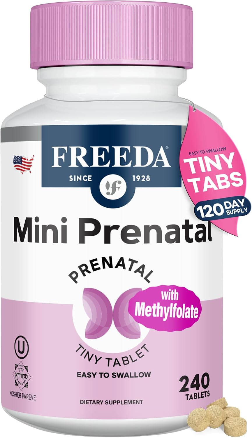 FREEDA Mini Prenatal Vitamin - Tiny Easy-to-Swallow Prenatal Multivitamin with Iron, Folic Acid, Vitamin D - Kosher, Vegan, 120 Tablets