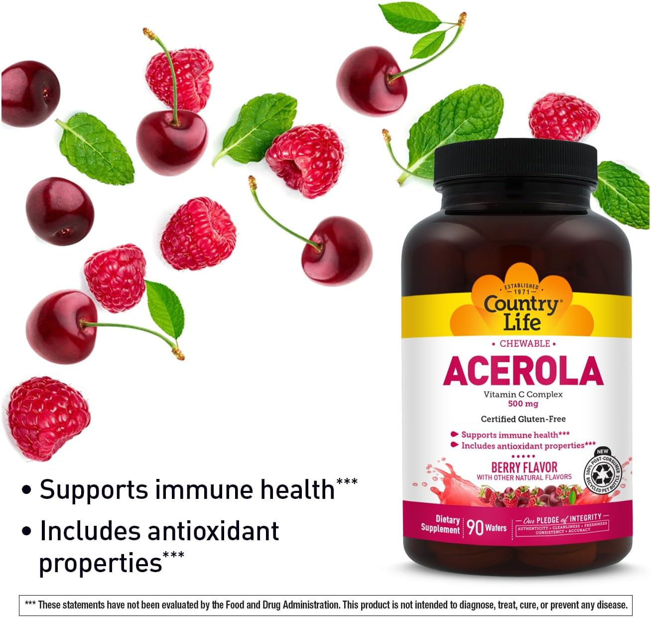 Country Life Acerola Vitamin C Complex 500 mg, Berry Chewable Wafers with Citrus Bioflavonoids & Rose Hips, Immune Health and Antioxidant Support, Gluten-Free, Vegan, 90 Wafers