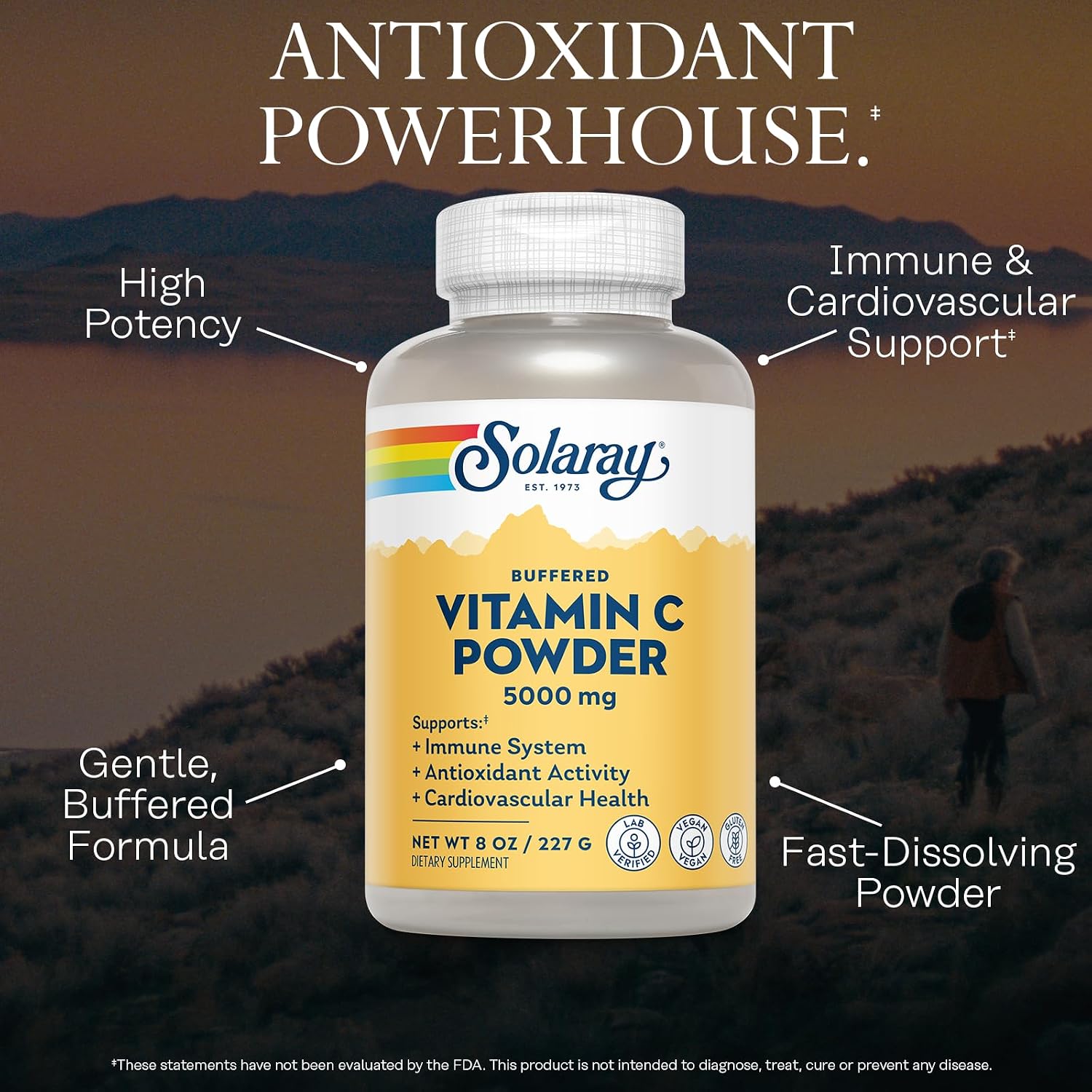 SOLARAY Vitamin C Powder 5000mg with Calcium – Buffered, Vegan, Gluten Free