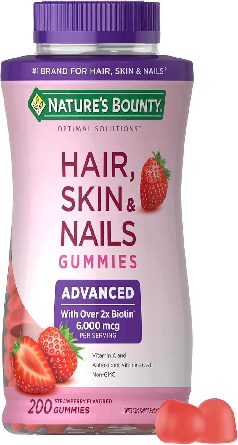 Nature's Bounty Optimal Solutions Advanced Hair, Skin and Nails, 2X Biotin, 80 Strawberry Gummies, 40 Servings