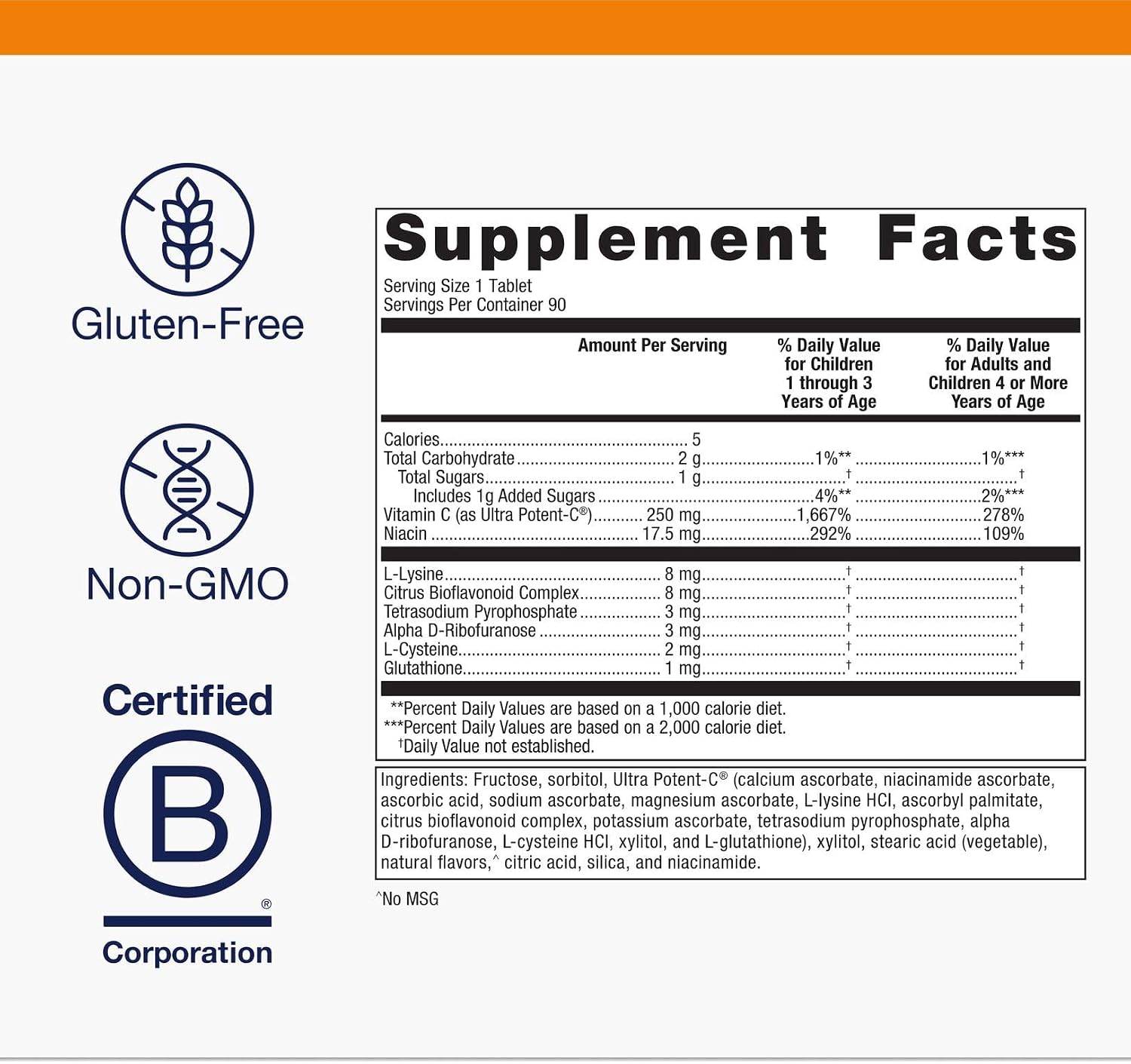 Metagenics Ultra Potent-C Chewable - 250 mg Buffered Vitamin C with Bioflavonoids, L-Lysine & L-Cysteine - Immune & Antioxidant Support - Non-GMO, Gluten-Free - Natural Orange Flavour - 90 Tablets