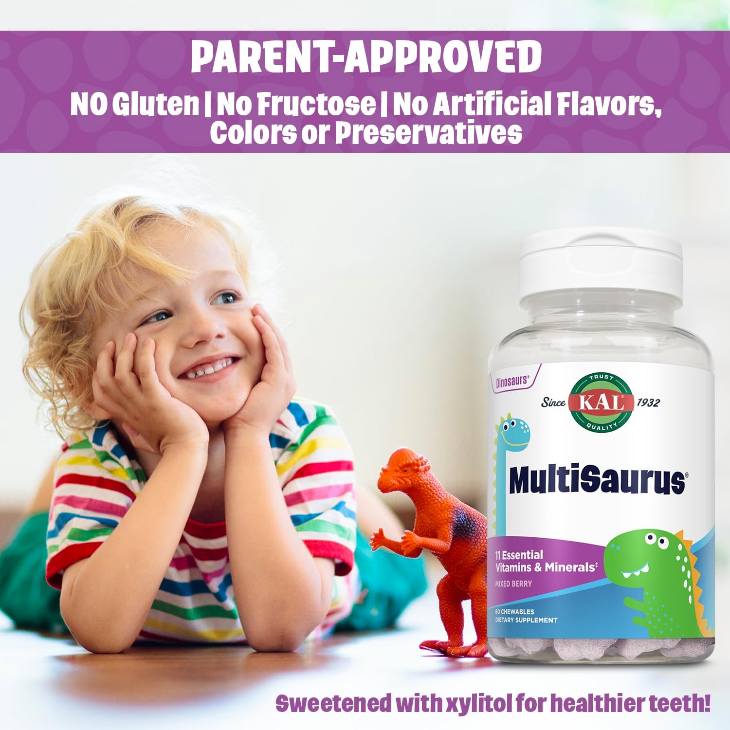 KAL MultiSaurus Kids Chewable Multivitamins – 11 Essential Vitamins & Minerals, Dinosaur-Shaped, Mixed Berry Flavour, 60 Chewables