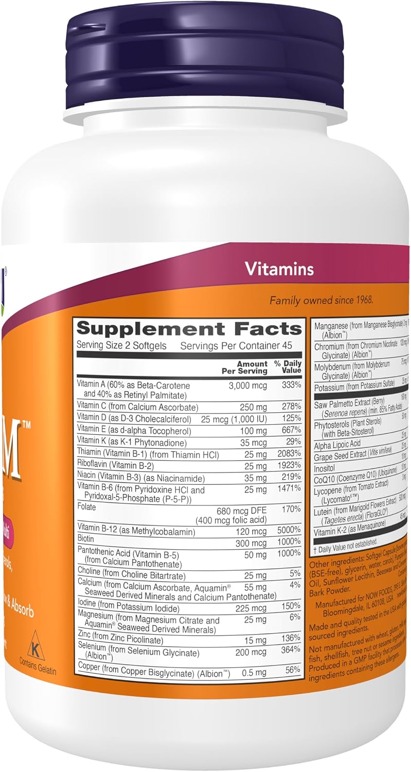 NOW Supplements, ADAM™ Men's Multivitamin with Saw Palmetto, Plant Sterols, Lycopene and CoQ10, 90 Softgels