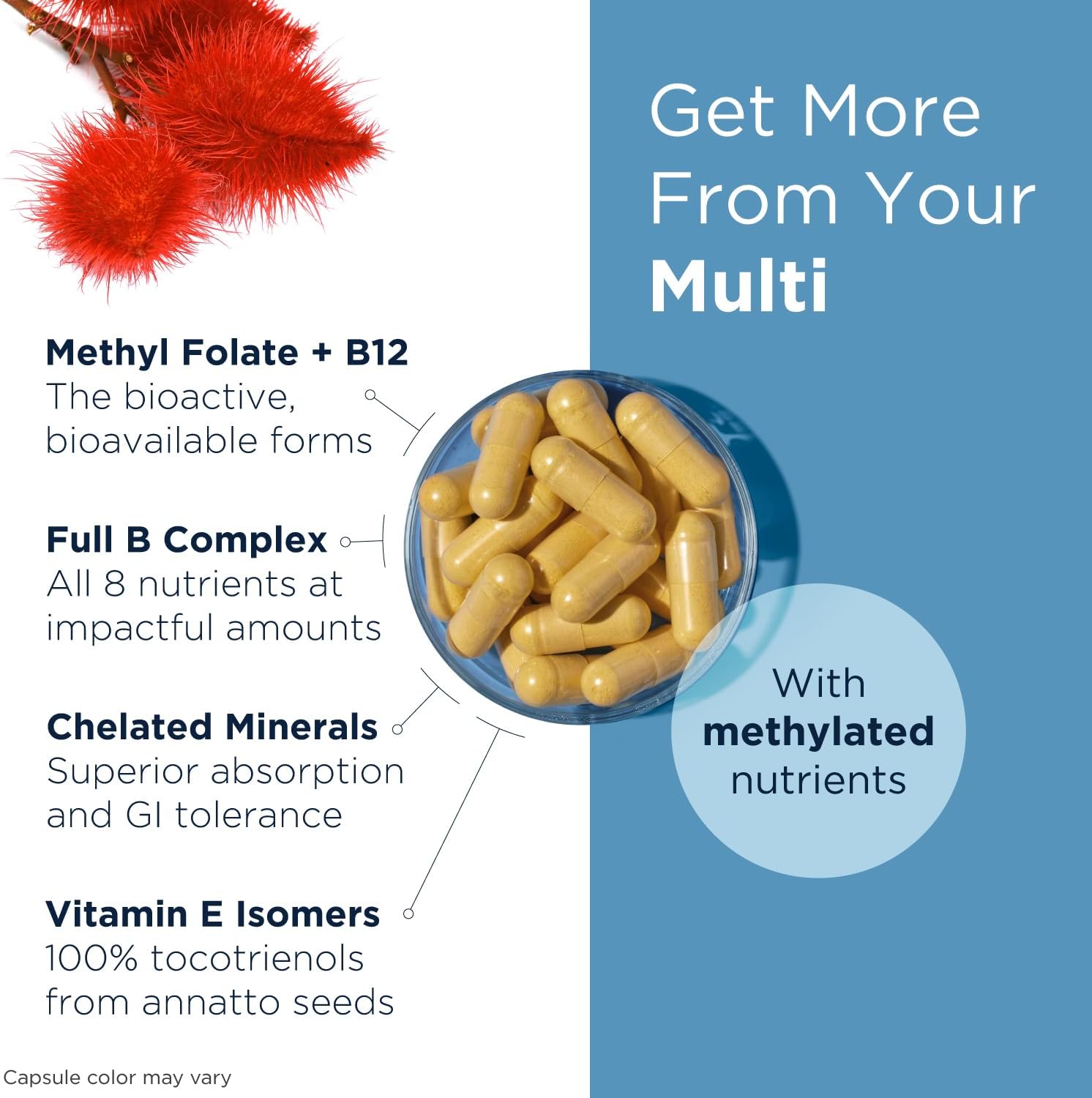 Designs for Health Methylated Multivitamin for Women & Men - Twice Daily with Methylated B12 and Folate, No Iron (120 Capsules)