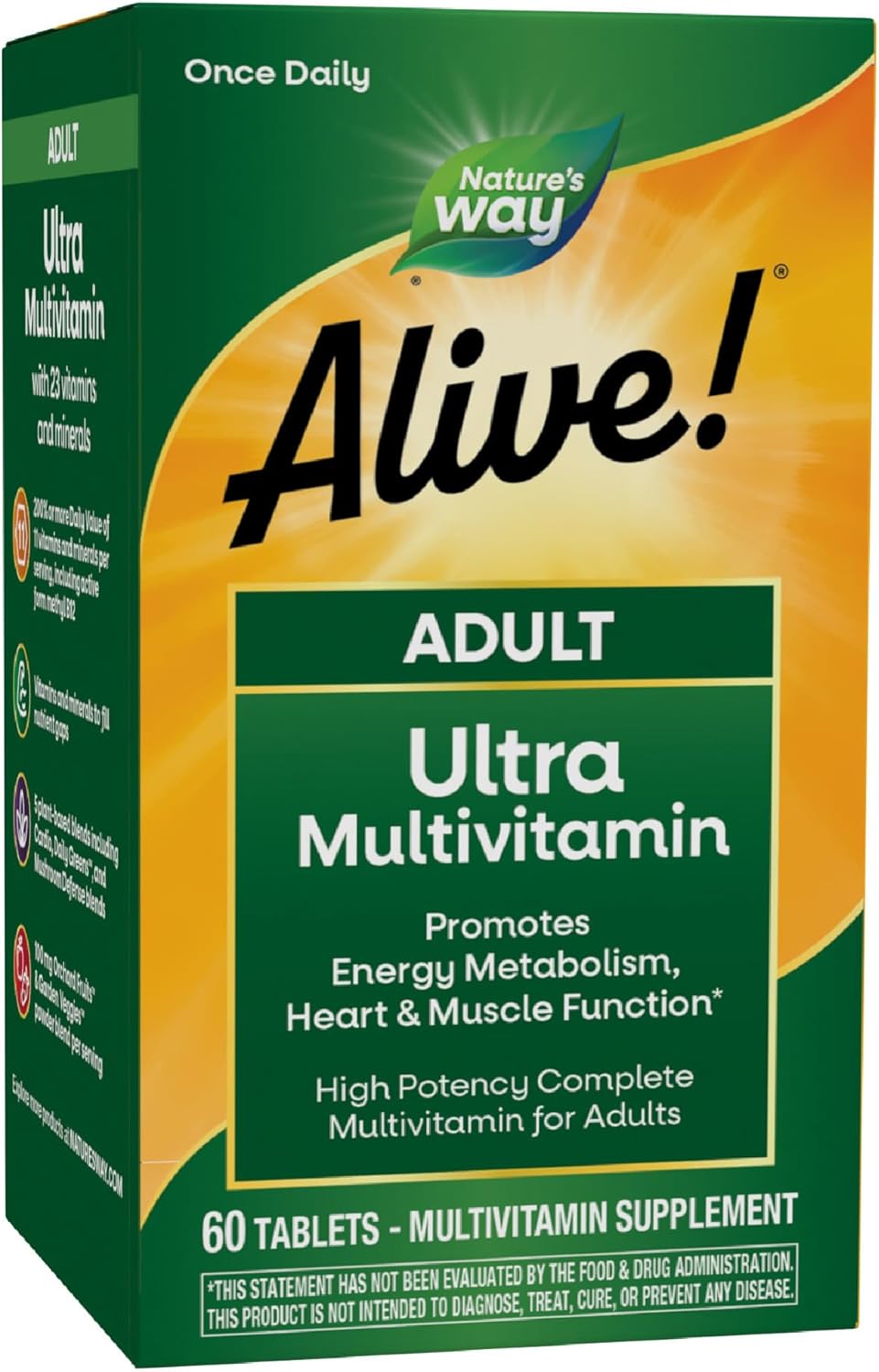 Nature's Way Alive! Adult Ultra Multivitamin, Helps Promote Energy Metabolism, Heart & Muscle Function, with B-Vitamins Including Methylated B12, Gluten Free, 60 Tablets