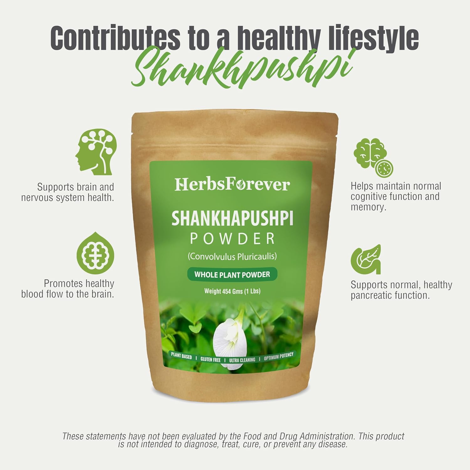 HerbsForever Shankhpushpi (Convolvulus Pluricaulis) Whole Plant Powder - 454 g (16 oz)