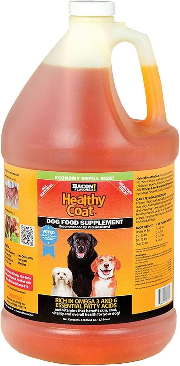 HealthyCoat Dog Food Supplement – Omega 3 & 6 Fatty Acids, Bacon Flavour, Gallon (3.78 L)