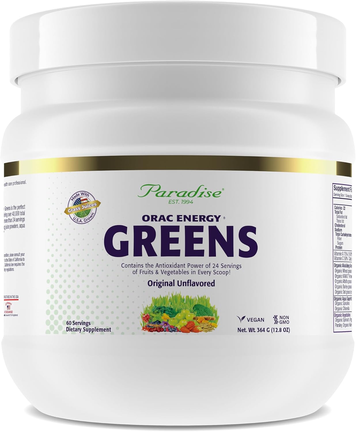 Paradise ORAC Energy Greens Powder Extract – Super Antioxidants, Probiotics and Spirulina, 60 Servings