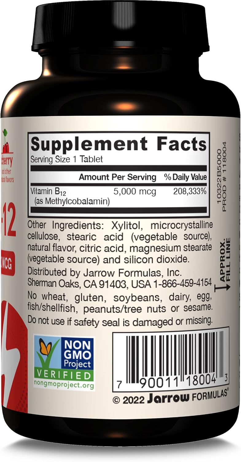 Jarrow Formulas Methyl Vitamin B12 5000 mcg - 60 Chewable Tablets, Naturally Fruit Flavoured