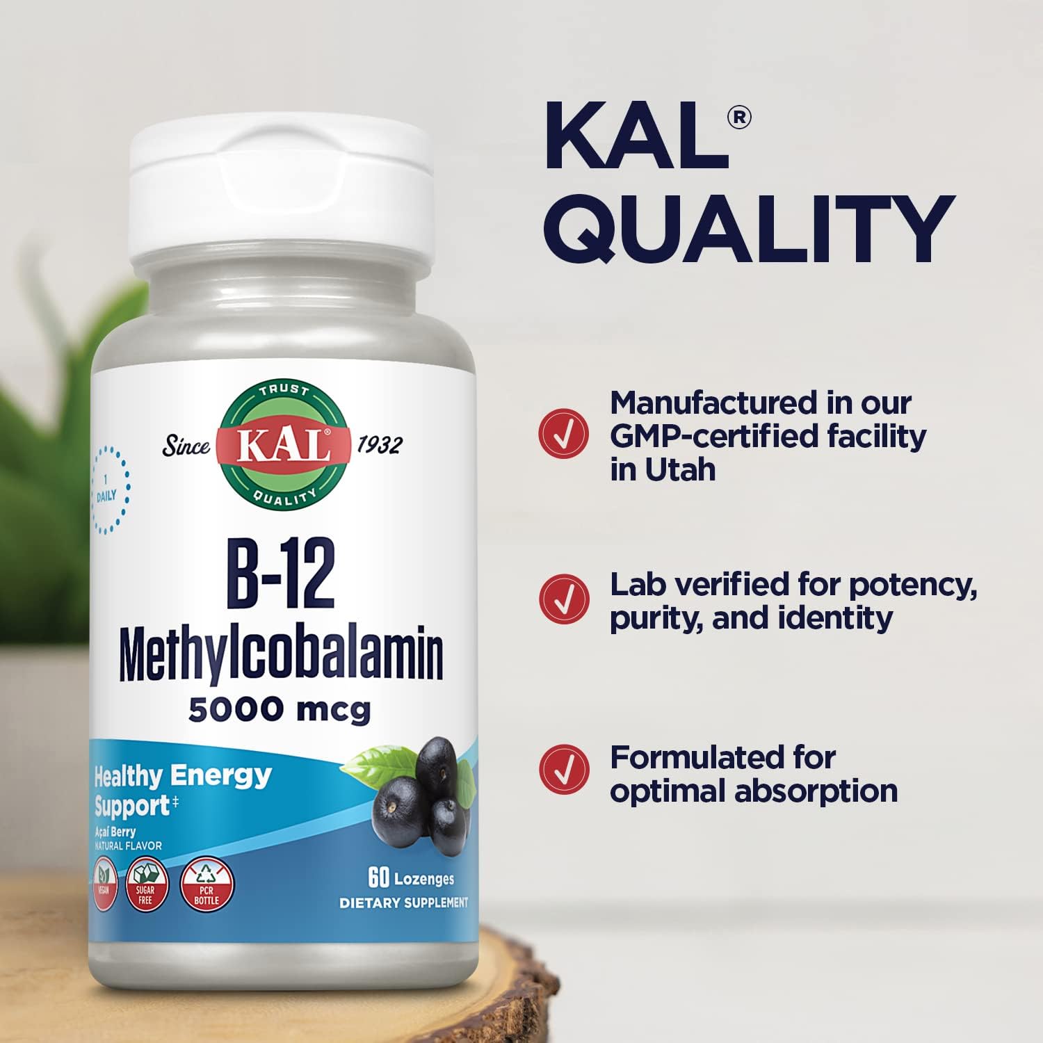 KAL Vitamin B-12 Methylcobalamin Lozenges, 5000 mcg, Natural Acai Flavour, 60 Lozenges