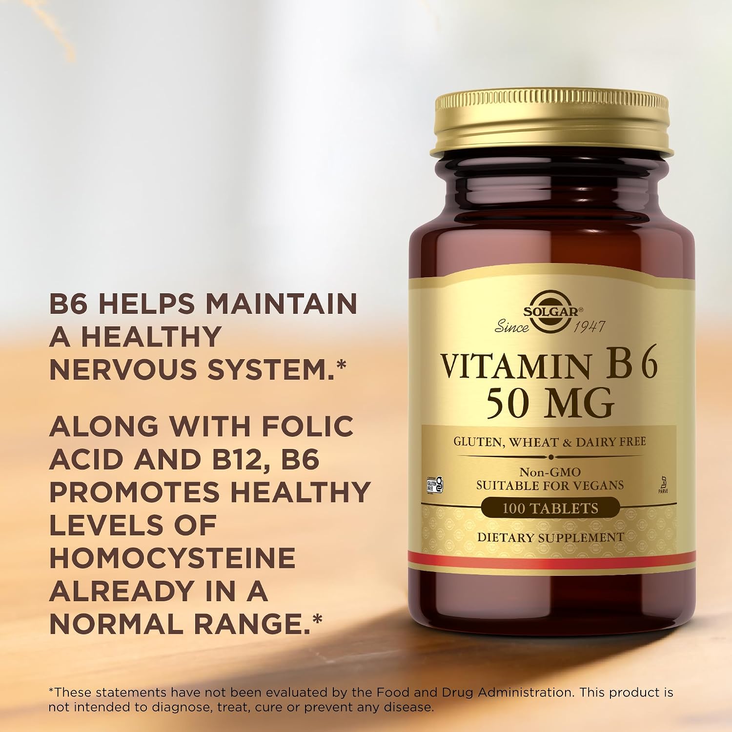 Solgar Vitamin B6 50 mg - 100 Tablets - Non-GMO, Vegan, Gluten-Free, Dairy-Free, Kosher, Halal