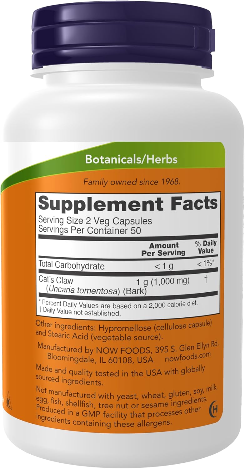 NOW Foods Cat's Claw 500 mg, Non-GMO, Herbal Supplement, 100 Veg Capsules