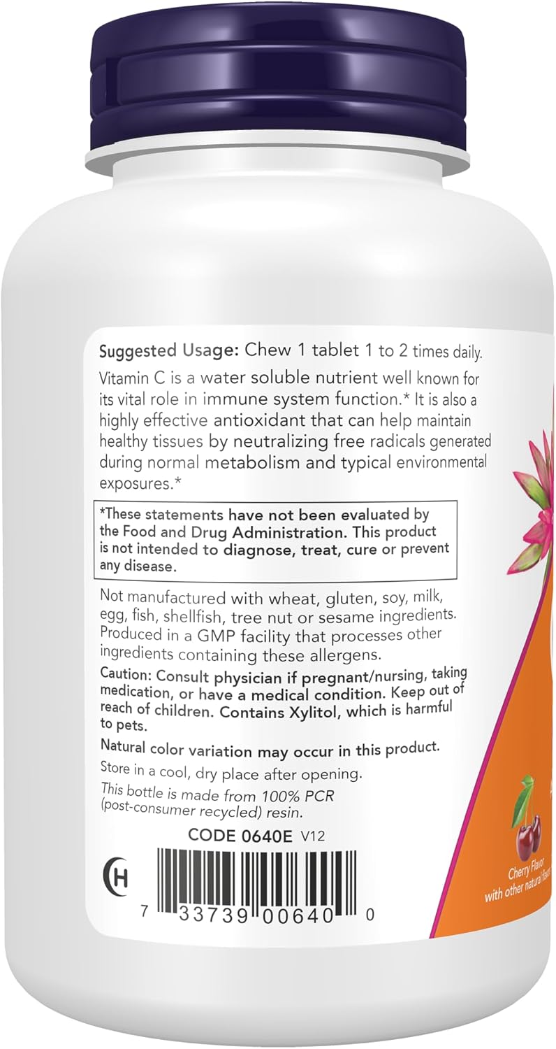 NOW Supplements, Vitamin C-500, Antioxidant Protection, Cherry Flavour, 100 Chewable Lozenges
