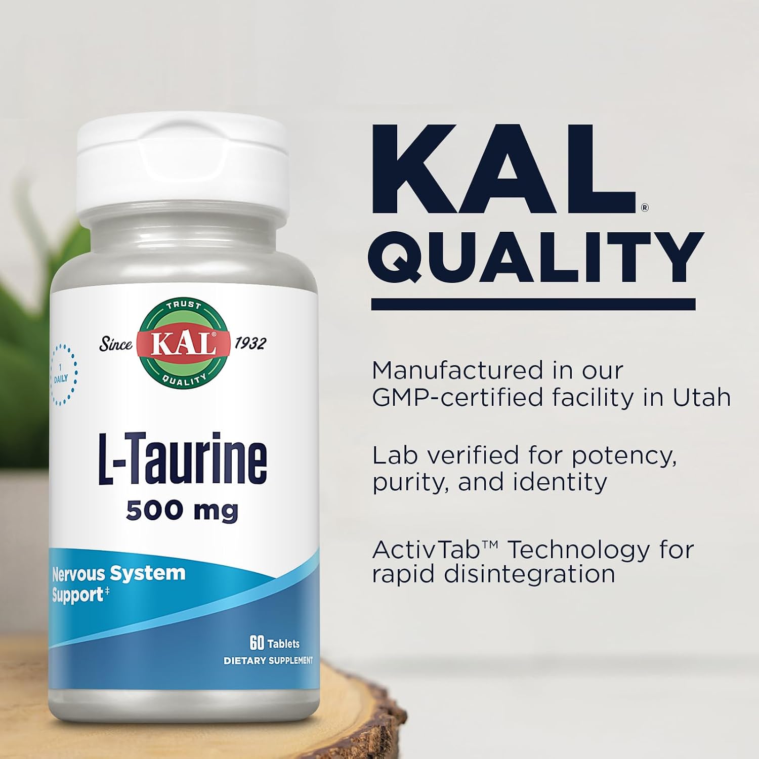 KAL L-Taurine 500mg - Amino Acid Support for Heart, Nerves, & Eyes - 60 Quick-Dissolve Tablets