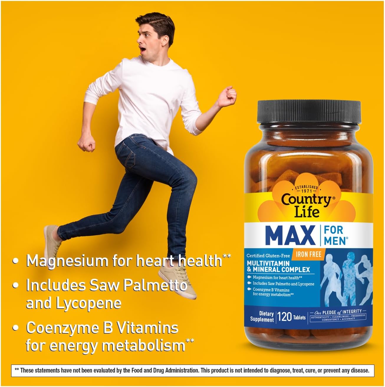 Country Life Max for Men Multivitamin - Iron-Free, Gluten-Free, with Saw Palmetto & Lycopene, 120 Vegetarian Tablets