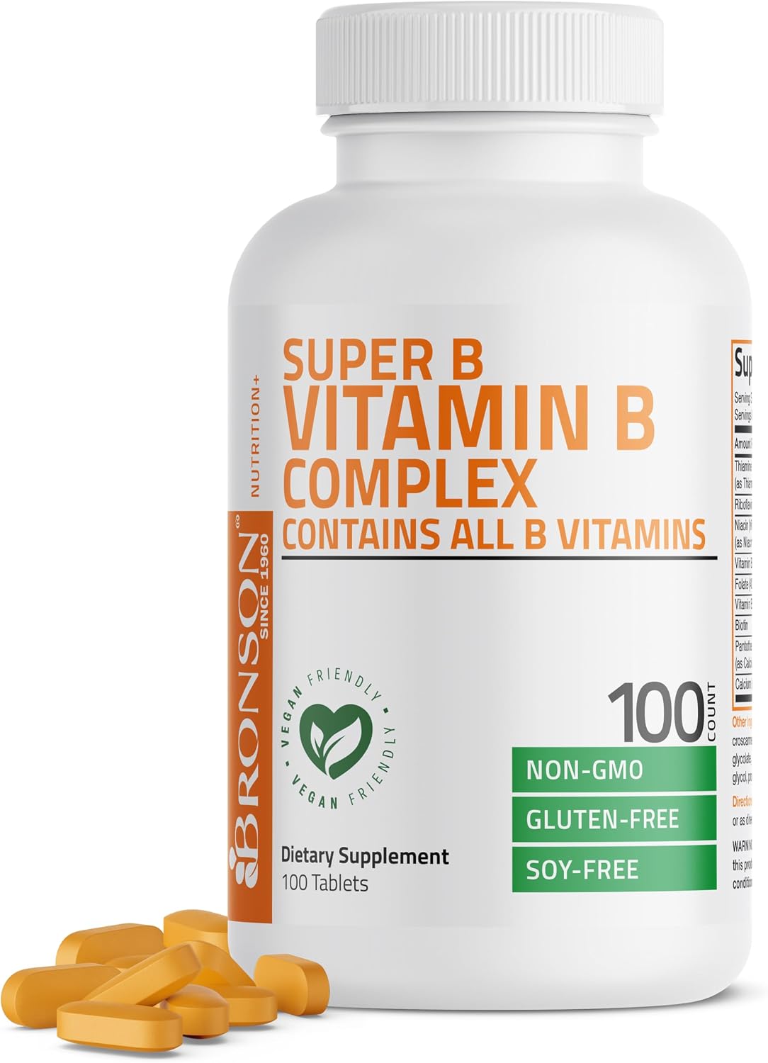 Bronson Vitamin B Complex (B1, B2, B3, B6, B9, B12, Biotin, Pantothenic Acid) - 100 Tablets