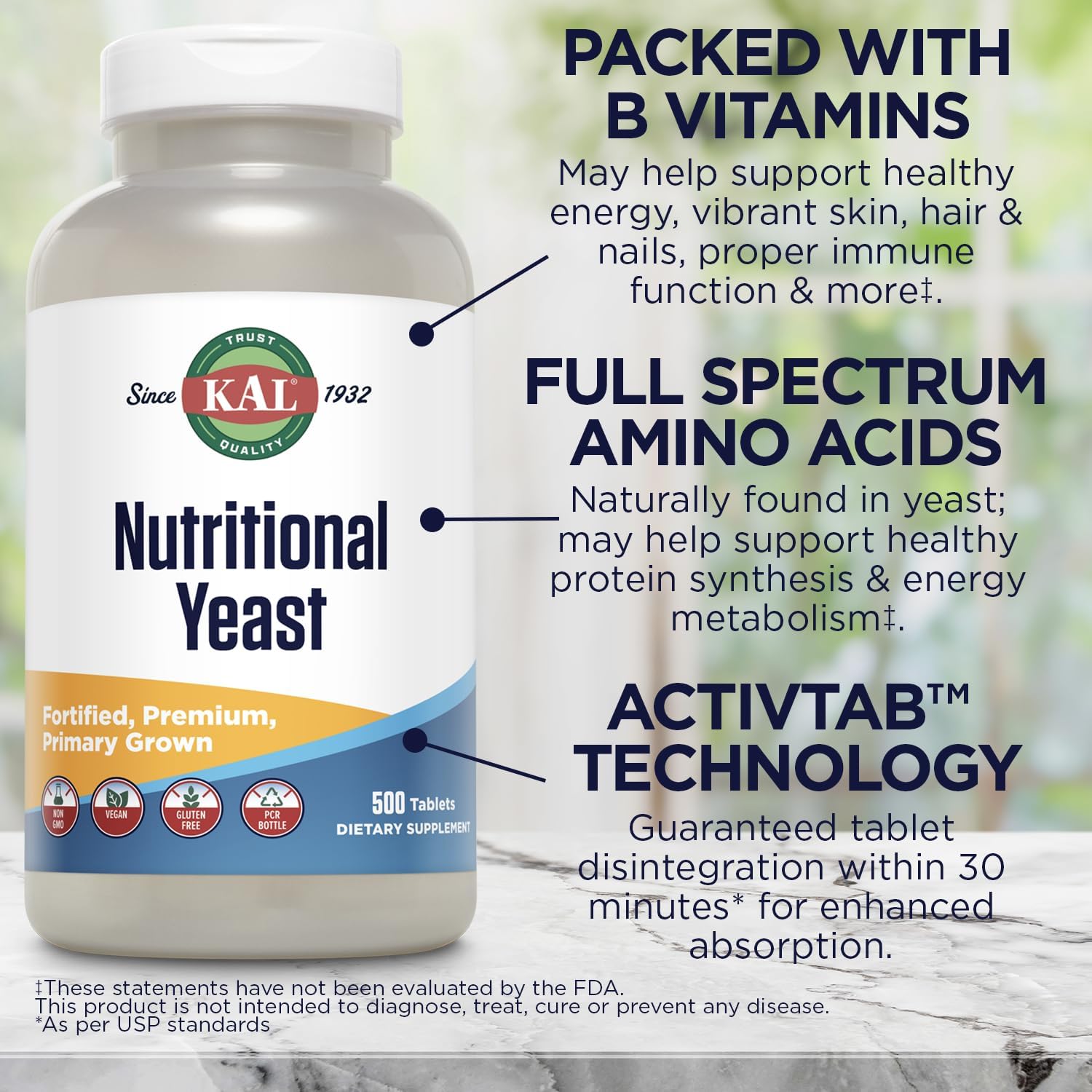KAL Nutritional Yeast Supplement – Fortified with B Vitamins, Biotin, Folic Acid and Amino Acids – 500 Tablets