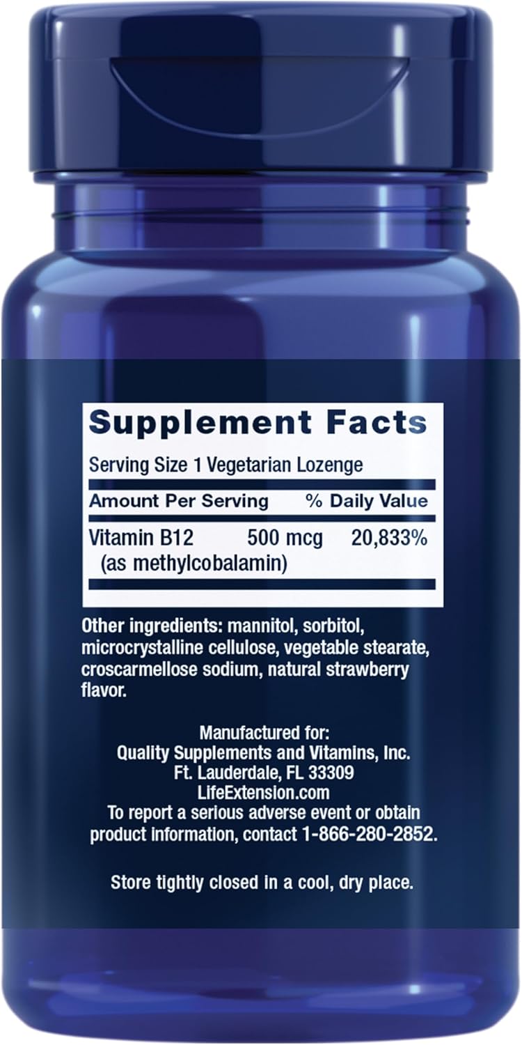 Life Extension Vitamin B12 Methylcobalamin 500mcg - Quick-Dissolving Lozenges for Energy & Brain Function - 100 Count