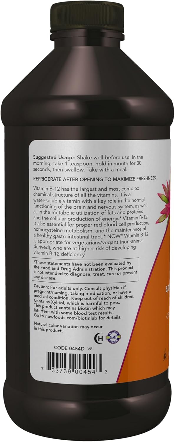 NOW Foods Ultra B-12 Liquid – 5,000 mcg B-12 with 800 mcg Folic Acid, 473 mL