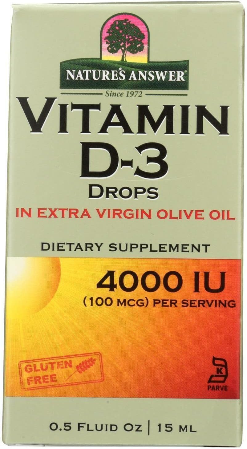Nature's Answer Vitamin D-3 Drops | Blended with Extra Virgin Gold Olive Oil | Quickly Absorbed | No Fillers, Soy, Yeast, Sugar, Milk or Preservatives (0.5 oz / 15 mL)