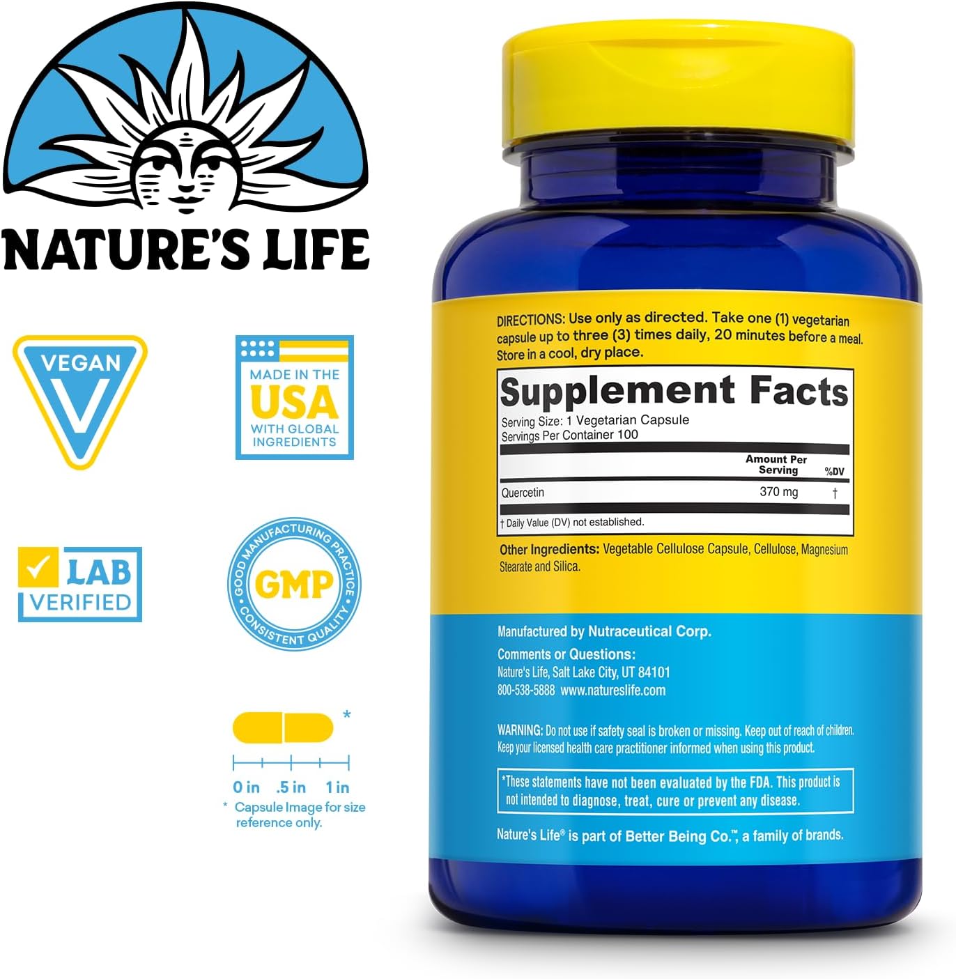 Nature's Life Fortifying Quercetin 370 mg – Bioflavonoid Antioxidant for Overall Wellness – 100 Vegetarian Capsules