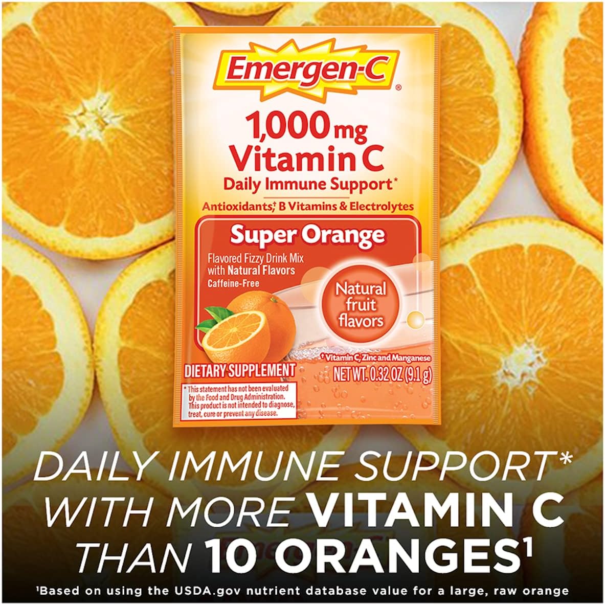 Emergen-C 1000mg Vitamin C Powder for Immune Support, Super Orange Flavour, 30 Count