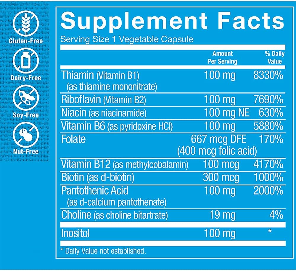 The Vitamin Shoppe Vitamin B-Complex Supplement, High-Potency B Vitamins for Energy Production, Stress Support & Nutrient Metabolism, Gluten-Free, 100 Vegetable Capsules