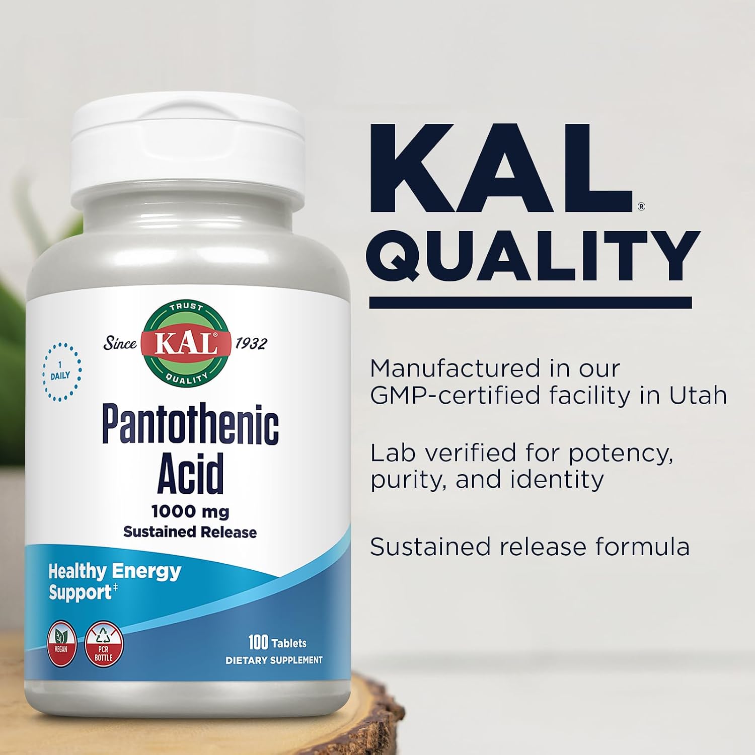 KAL Pantothenic Acid 1000 mg - Vitamin B5 Sustained Release Tablets, Vegan - 100 Tablets