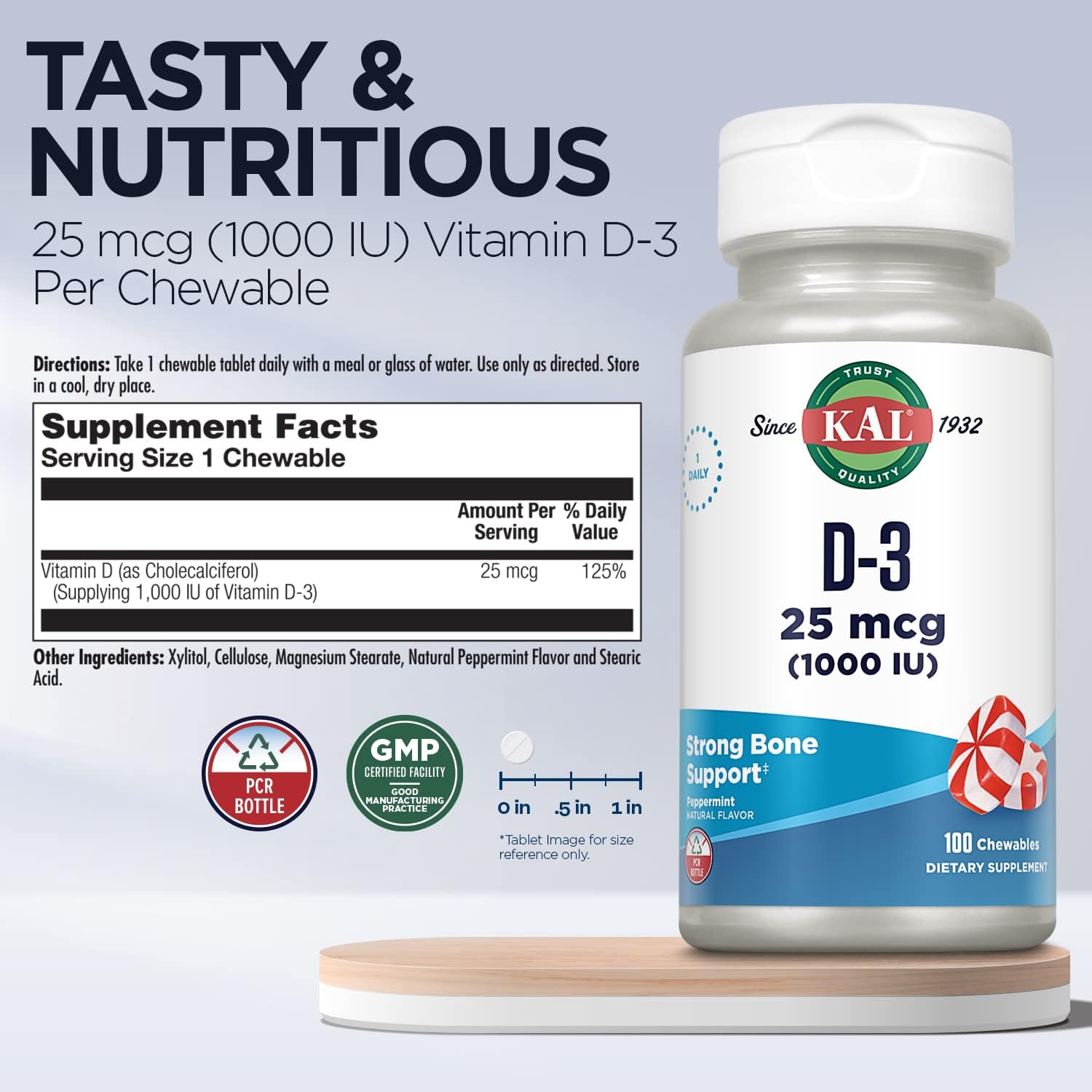 KAL Vitamin D3 1000 IU Chewable Tablets - Natural Peppermint Flavour, 100 Count