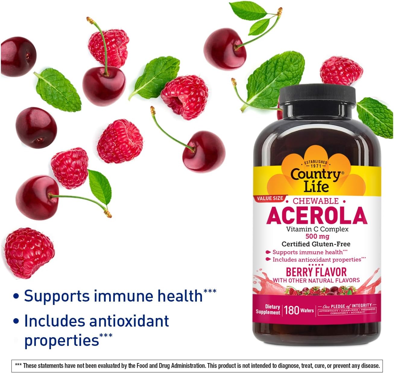 Country Life Acerola Vitamin C Complex - 500mg Chewable Berry Flavoured Wafers - Supports Immune Health - 180 Count