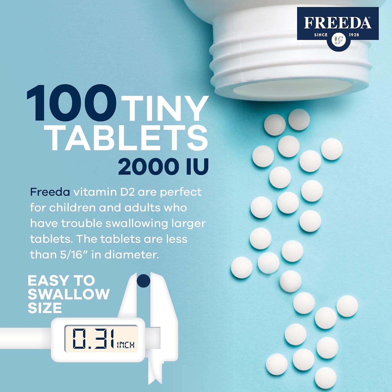 FREEDA Vitamin D2 2000 IU – Vegan Vitamin D for Bone Strength and Immune Support – 100 Tiny Tablets