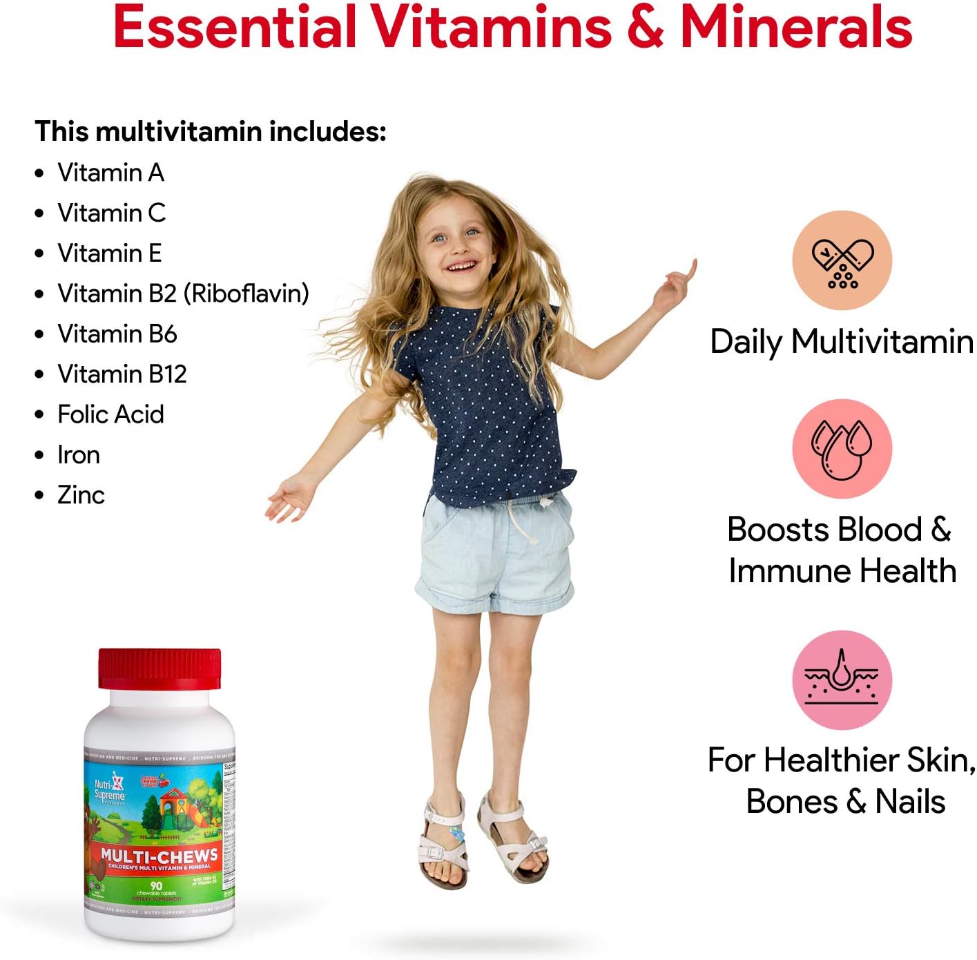 Delicious Kids Multivitamin – 90 Vegetarian Gummies – Complete Children’s Supplement with Vitamins A, C, D3, Calcium, Iron, Folic Acid, Zinc – Cherry Flavour