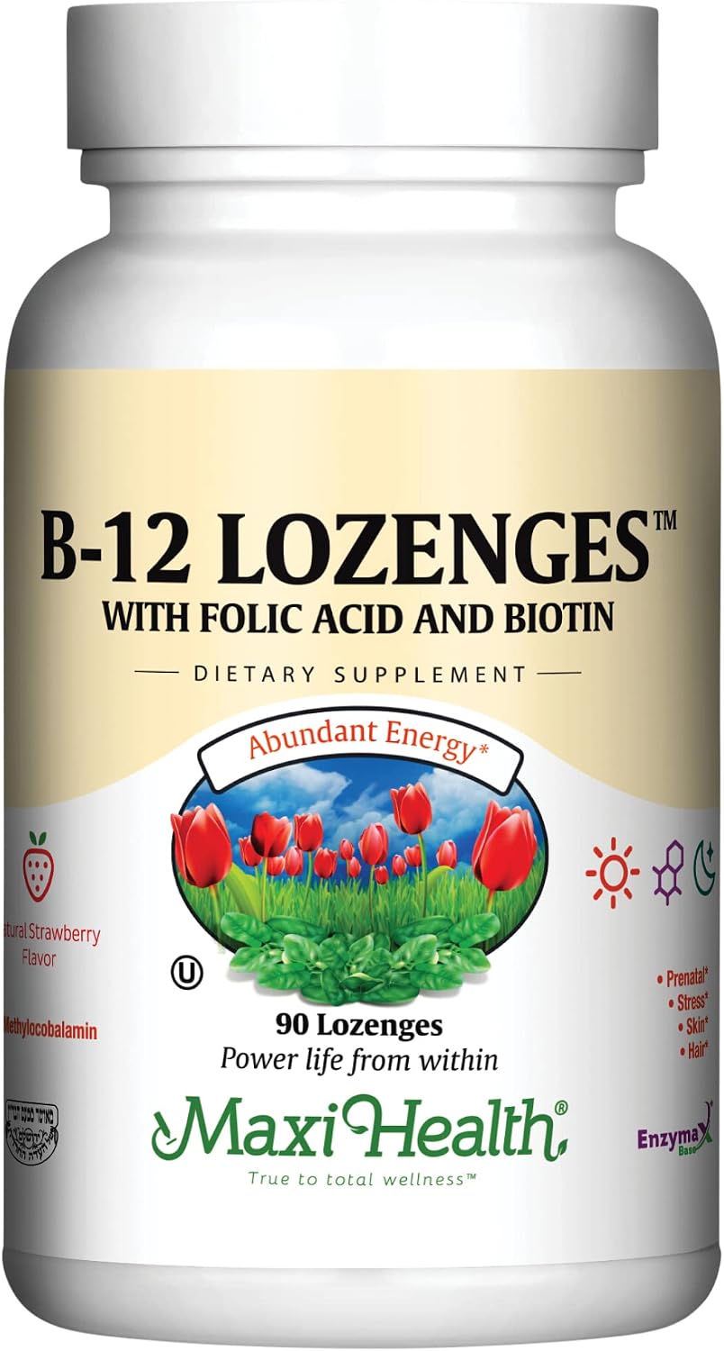Maxi Health Vitamin B12 Lozenges with Folic Acid & Biotin - Sublingual, Strawberry Flavour - 90 Count