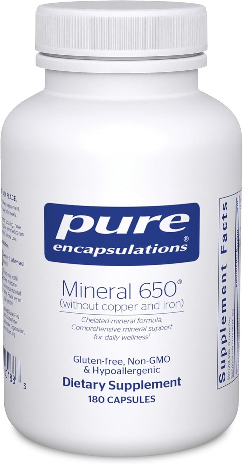 Pure Encapsulations Mineral 650 Without Copper & Iron - Hypoallergenic Chelated Minerals, 180 Capsules
