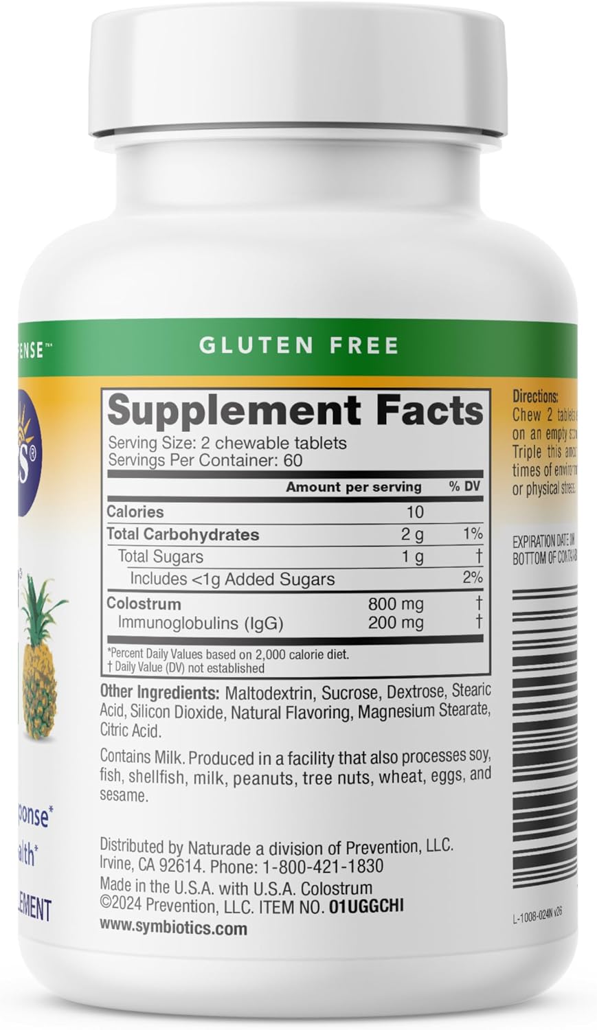 Symbiotics Colostrum Chewable Tablets – Immune and Digestive Support with Lactoferrin, 120 Count (Pineapple)