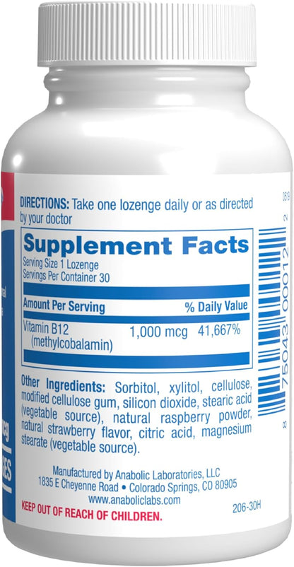 Anabolic Laboratories Vitamin B12 Methylcobalamin 1000 mcg Sublingual Lozenges, Berry Flavour, 30 Count