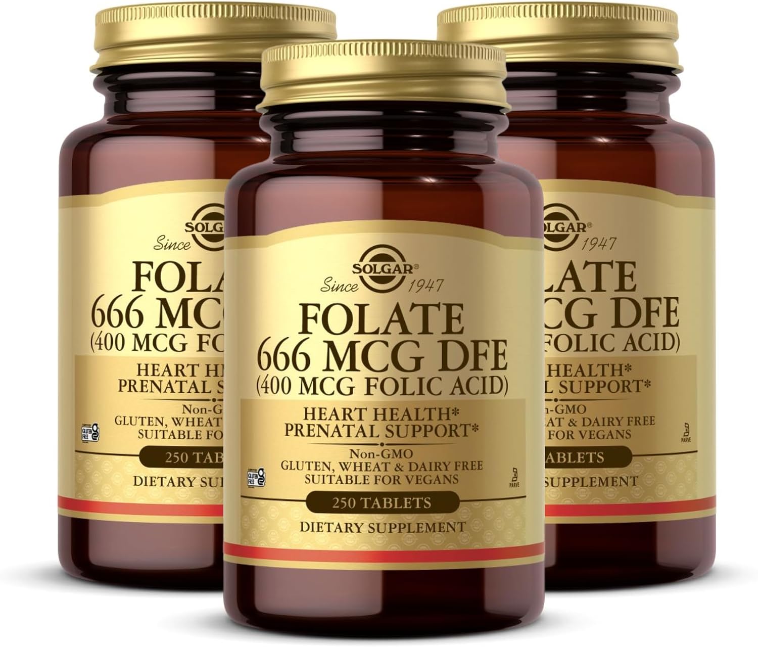 Solgar Folate 666 mcg DFE (Folic Acid 400 mcg) – 250 Tablets, Pack of 3 – Prenatal Support – Non-GMO, Vegan, Gluten Free, Dairy Free, Kosher – 750 Total Servings