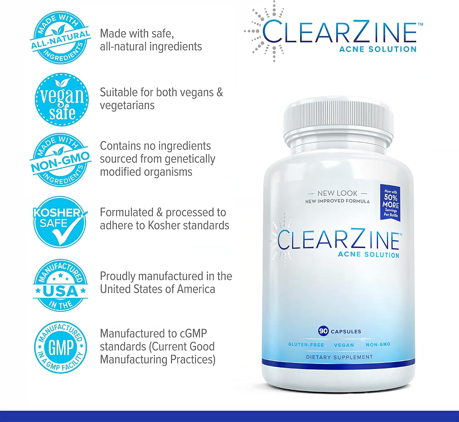 ClearZine Acne Pills – Hormonal & Cystic Acne Supplement for Teens and Adults (90 Capsules)
