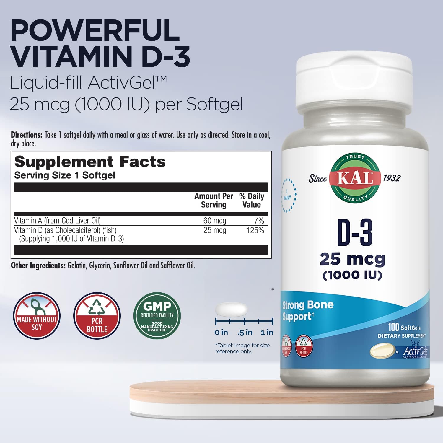 KAL Vitamin D3 1000 IU Softgels – Supports Bone Health & Immune Function