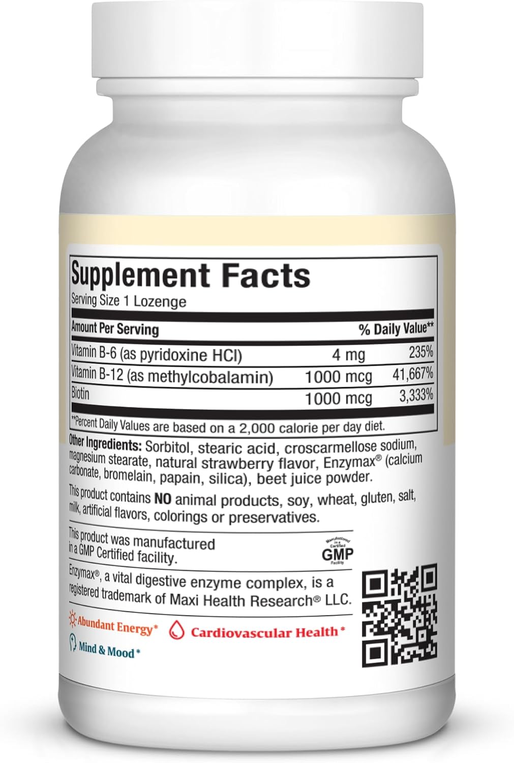 Maxi Health Triple B Lozenges - Vitamin B12 & B6 & Biotin - Strawberry Flavour - 180 Chewies - Kosher