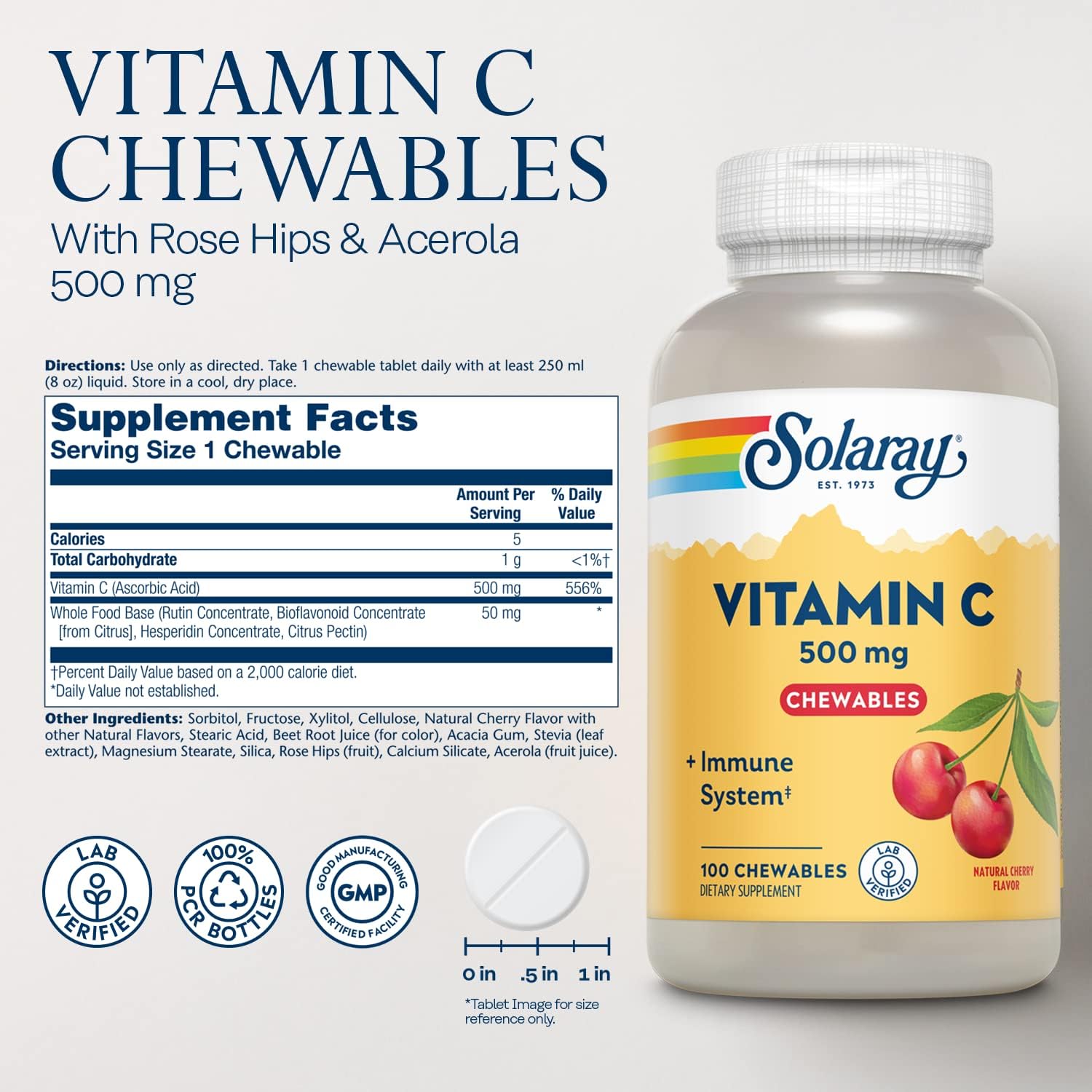 SOLARAY Chewable Vitamin C 500 mg - Natural Cherry Flavour, 100 Chewables