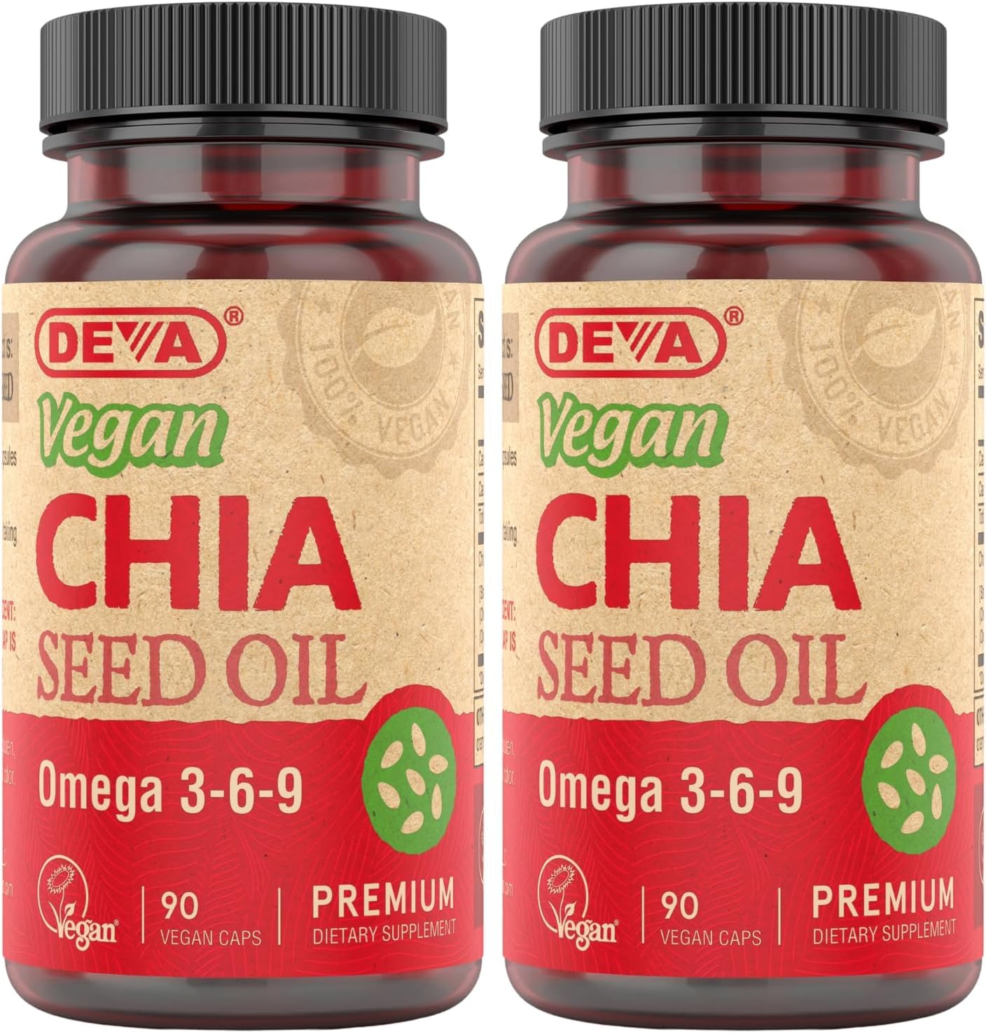 DEVA Vegan Chia Seed Oil - Omega 3, 6, 9 & Essential Fatty Acids, Cold-Pressed, Unrefined, 90 Capsules (2-Pack)