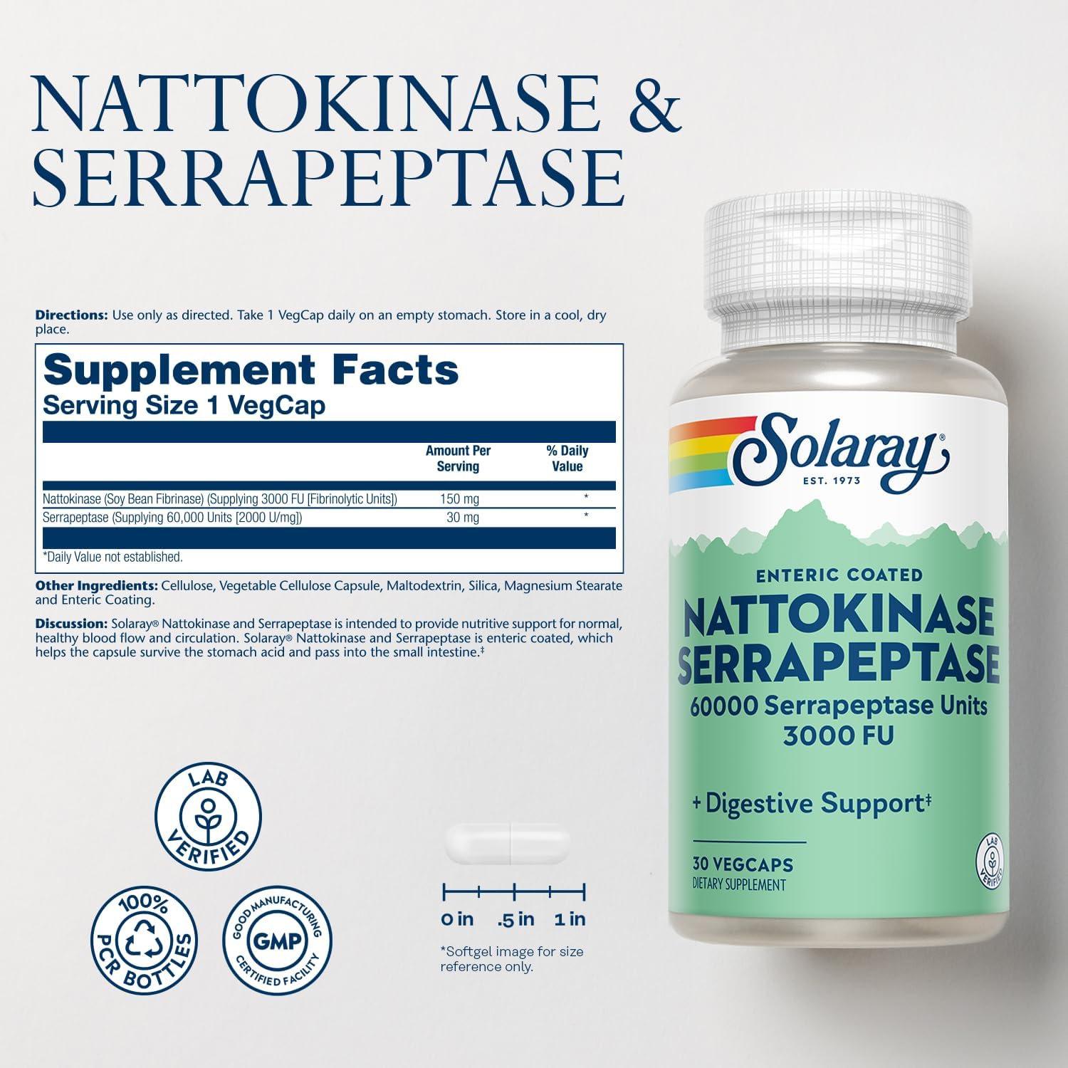 SOLARAY Nattokinase Serrapeptase Supplement - Enteric Coated - 3000 FU Nattokinase - Cardiovascular and Sinus Support - 30 VegCaps