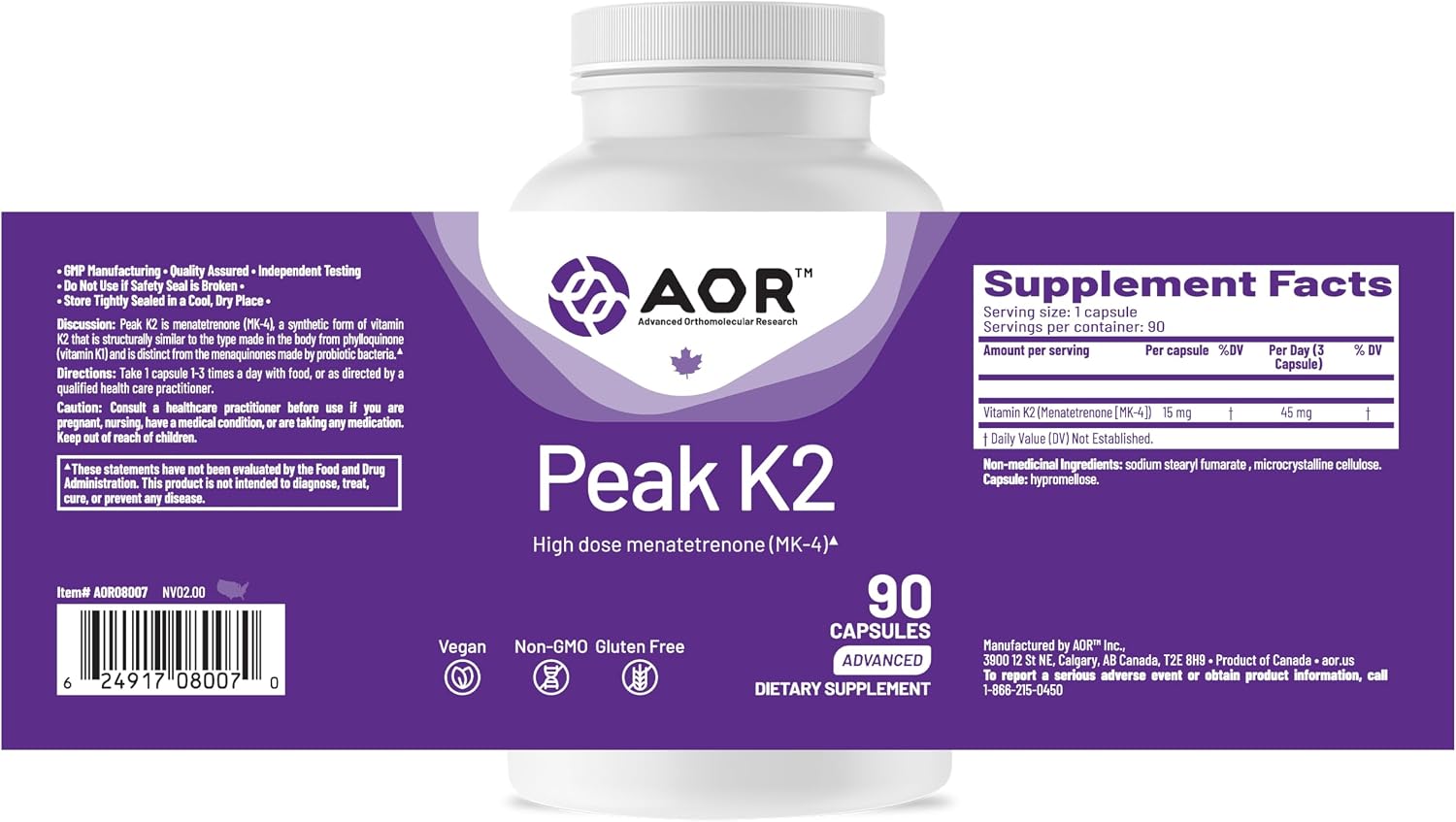 AOR Peak K2 Vitamin K2 MK-4, 90 Vegan Capsules – Essential for Bone Structure - görsel 9